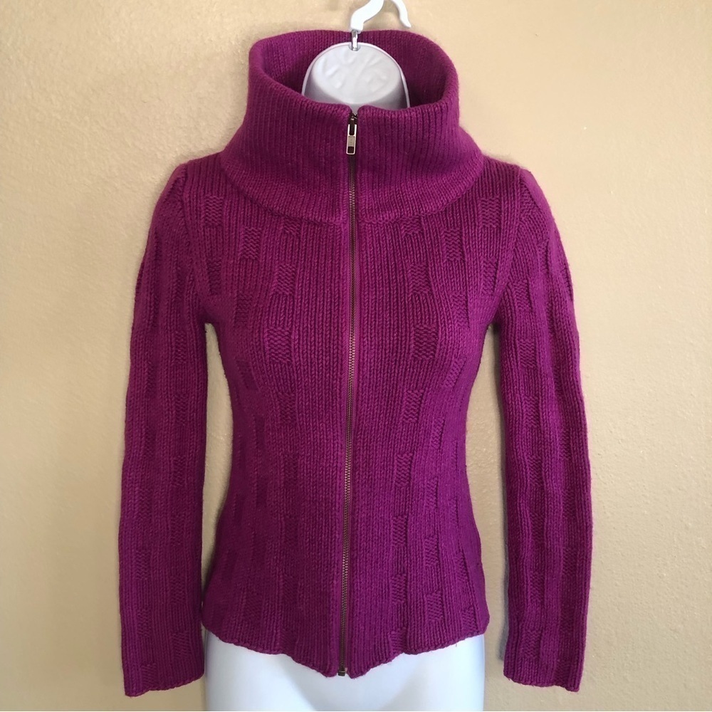 Rue Blanche Woman’s Woven Merino Wool Blend Stand Neck Full Zipper Sweater Sz 1